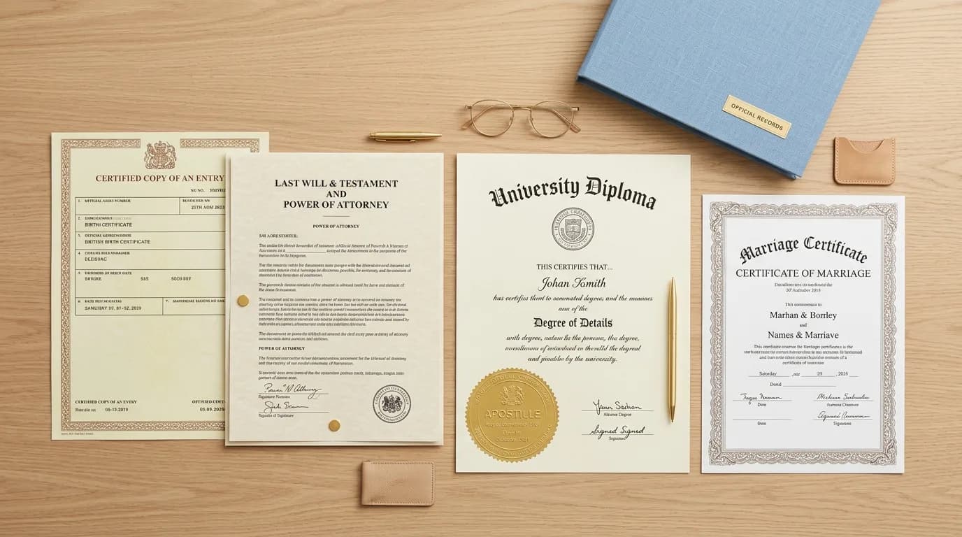 Official apostilled documents including birth certificate and diploma