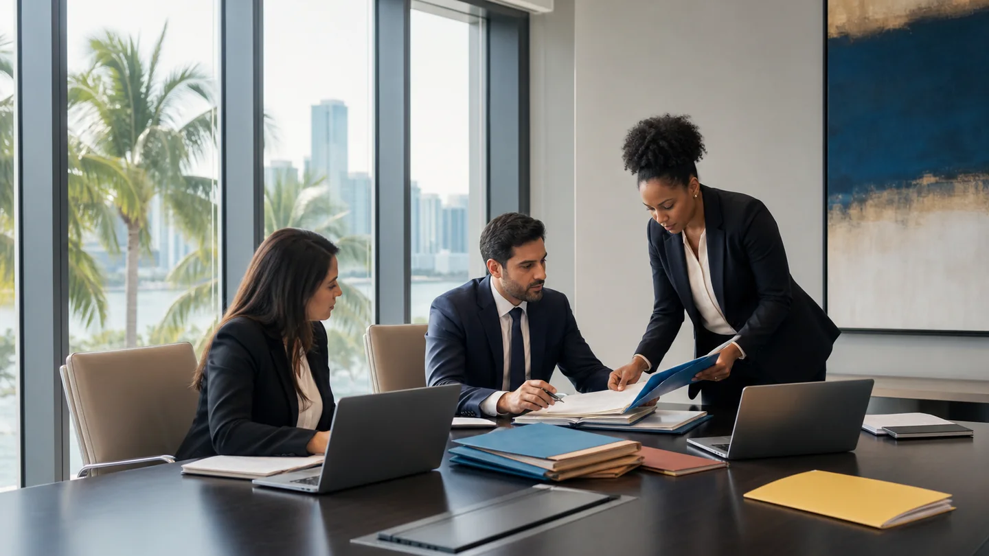 Foreign-language discovery translation team organizing legal files in a Miami law office