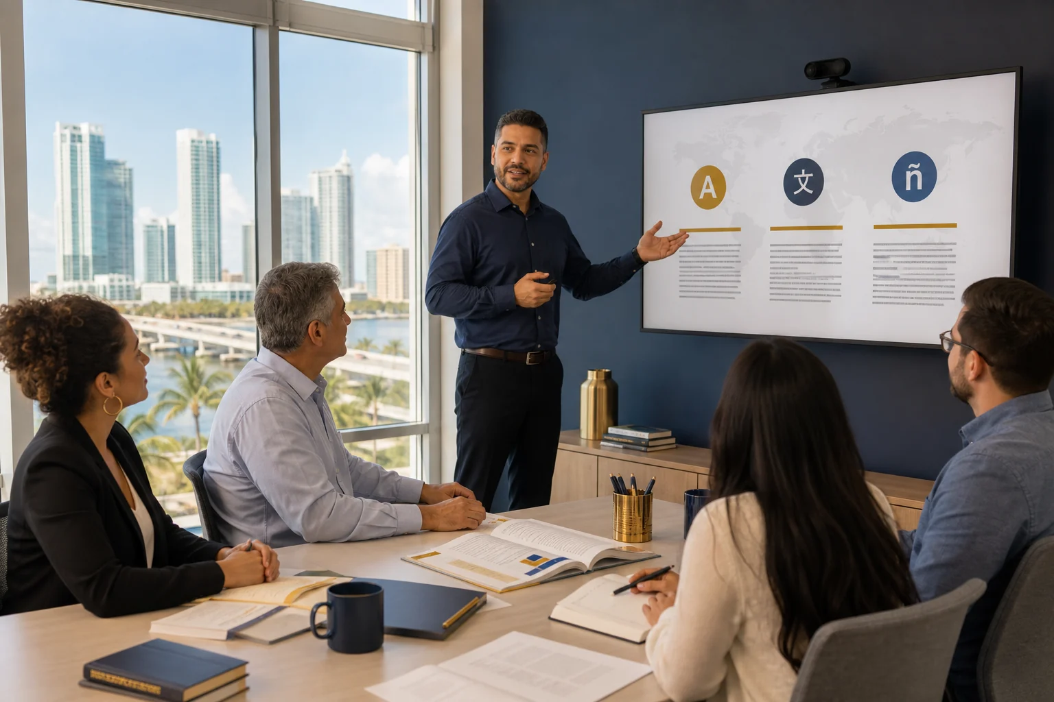 Multilingual employee training translation session in a Miami workplace