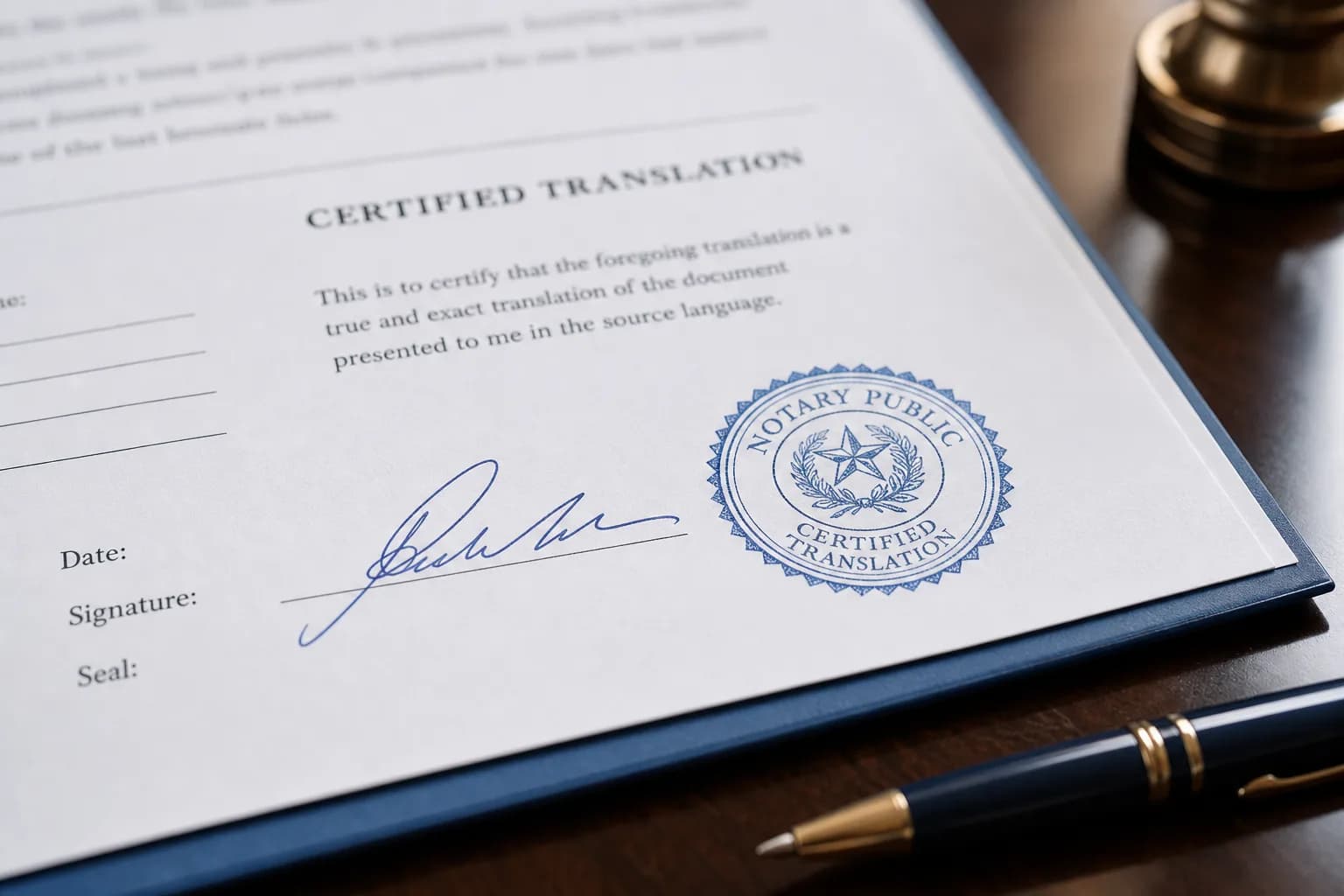 Certified translation document with notary stamp in Miami