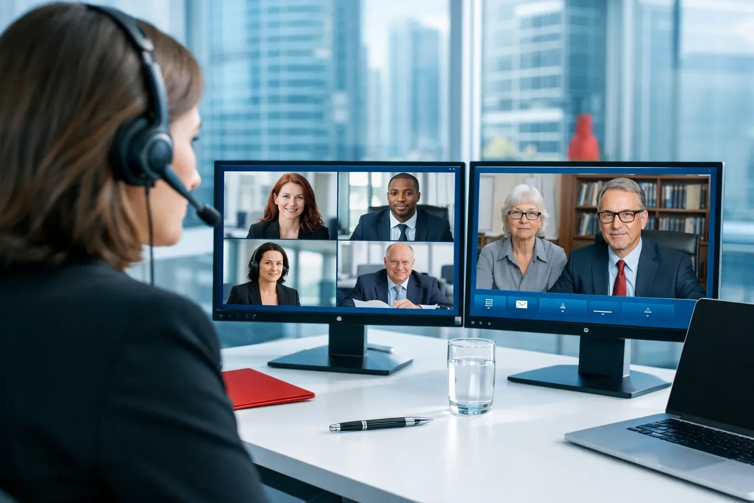 Professional interpreter with headset leading a remote video interpretation session