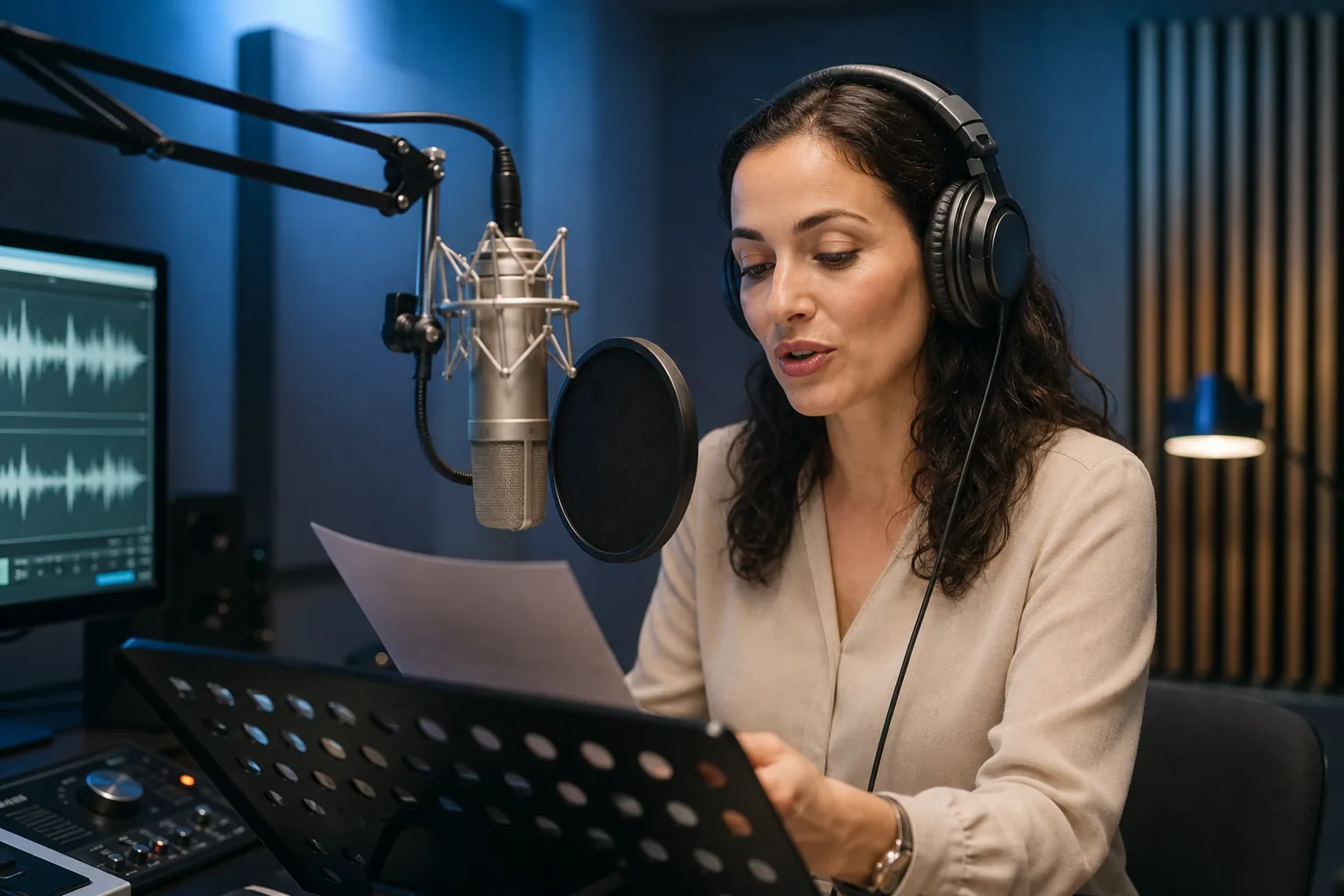 Professional voice over narrator in a Miami recording studio
